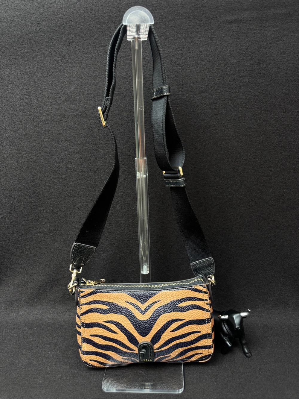 Furla Tiger-Print Crossbody in Black and Tan with Adjustable Strap